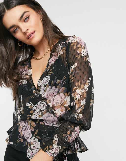 ASOS DESIGN – Metalliskt blommig omlottopp i skirt material