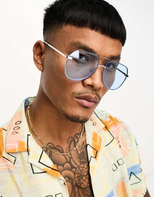 ASOS DESIGN – Metalowe okulary przeciwsłoneczne typu aviator w kolorze srebra z niebieskimi soczewkami 
