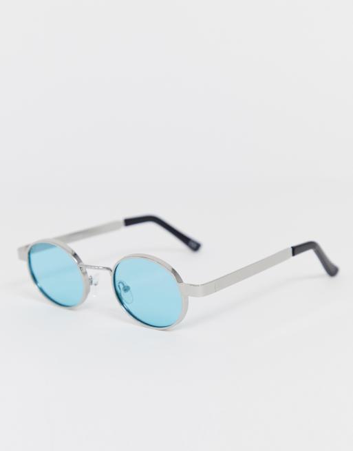 ASOS DESIGN – Metalowe owalne okulary przeciwsłoneczne w srebrnym kolorze z turkusowymi szkłami i grubymi zausznikami