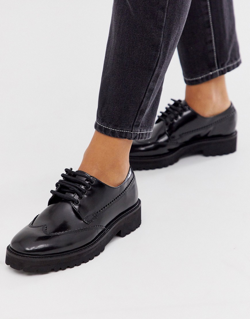 ASOS DESIGN Metaphor leather square toe chunky lace up flat shoes in black