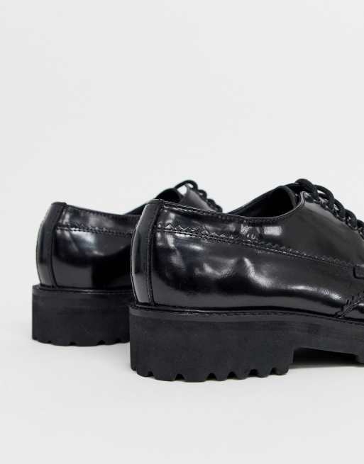 Asos Design Metaphor Leather Square Toe Chunky Lace Up Flat Shoes In Black Asos