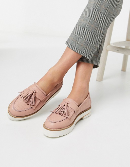 ASOS DESIGN Meze chunky fringed leather loafers in pink croc