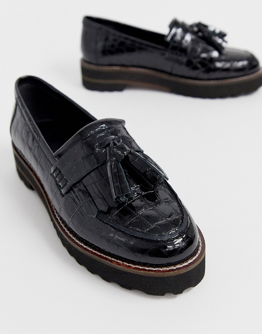 ASOS DESIGN - Meze - Leren loafers met franje en brede pasvorm in zwart