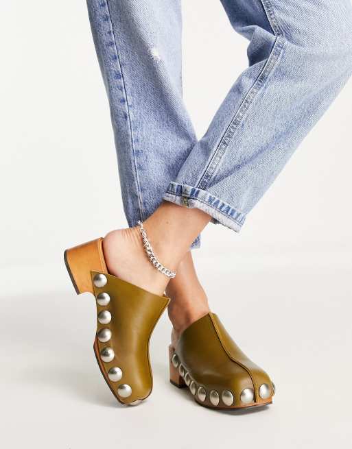 ASOS DESIGN Mia premium leather clog mules in khaki ASOS