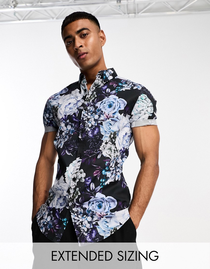 ASOS DESIGN ’Michael’ stretch skinny shirt in black and purple floral print