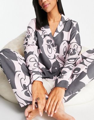 ASOS DESIGN Mickey Mouse modal shirt & trouser pyjama set in pink & black
