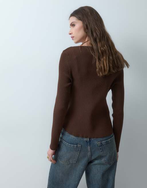 ASOS DESIGN micro-gilet en maille compacte avec détails col mao, chocolat, 4 de 4