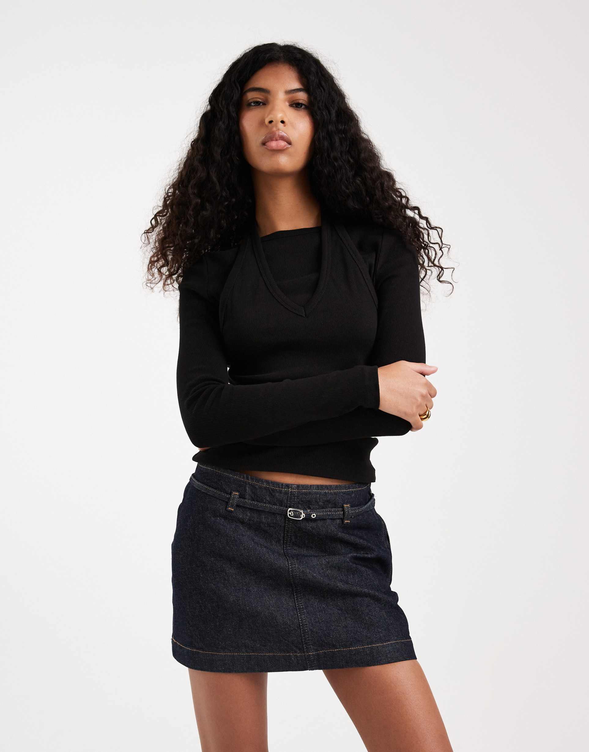 asos design micro mini denim skirt with belt in indigo