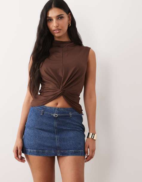 ASOS DESIGN micro mini denim skirt with belt in mid blue