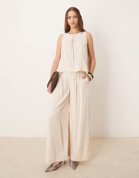 ASOS DESIGN micro pleat front halter top and pants set in buttermilk - view 1