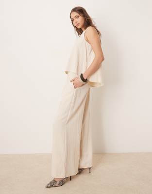 Asos Design Micro Pleat Front Wide Leg Pants In Buttermilk - Part Of A Set-neutral
