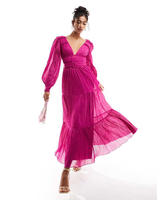ASOS DESIGN micro pleat plunge neck maxi dress with cross back in magenta 