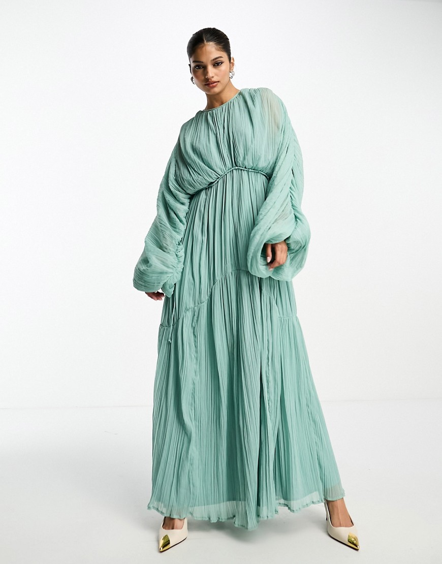 ASOS DESIGN micro pleated batwing trapeze maxi dress in sage-Green