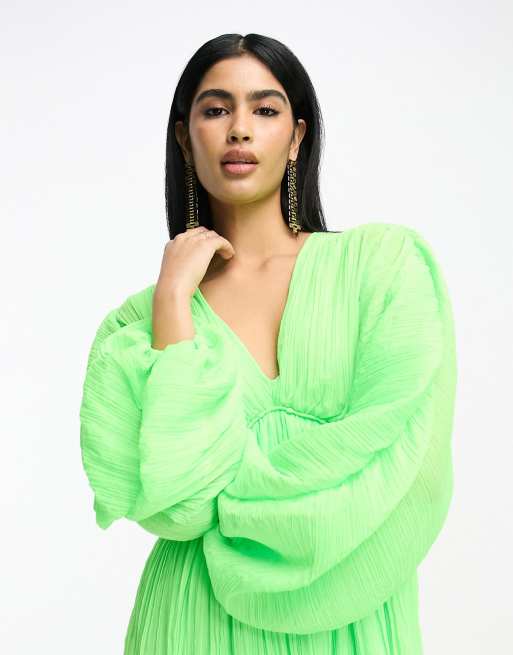 ASOS DESIGN micro pleated batwing trapeze mini dress in neon green ASOS