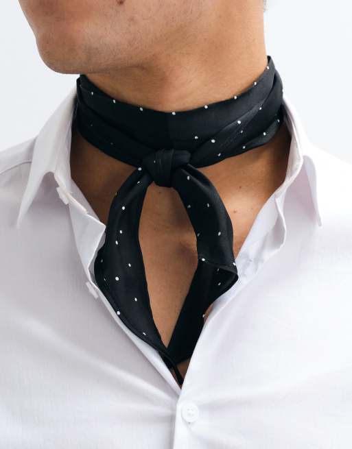 ASOS DESIGN micro polka dot satin pointed edge neck scarf in black, 2 of 3