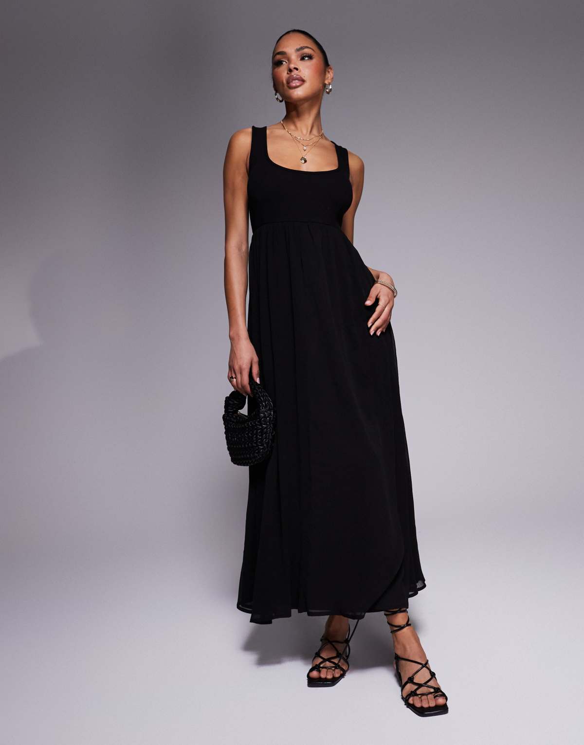 ASOS DESIGN micro rib bust with chiffon skirt maxi dress in black