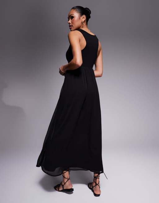 ASOS DESIGN micro rib bust with chiffon skirt maxi dress in black