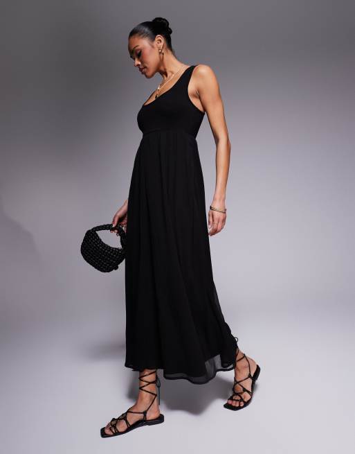 ASOS DESIGN micro rib bust with chiffon skirt maxi dress in black