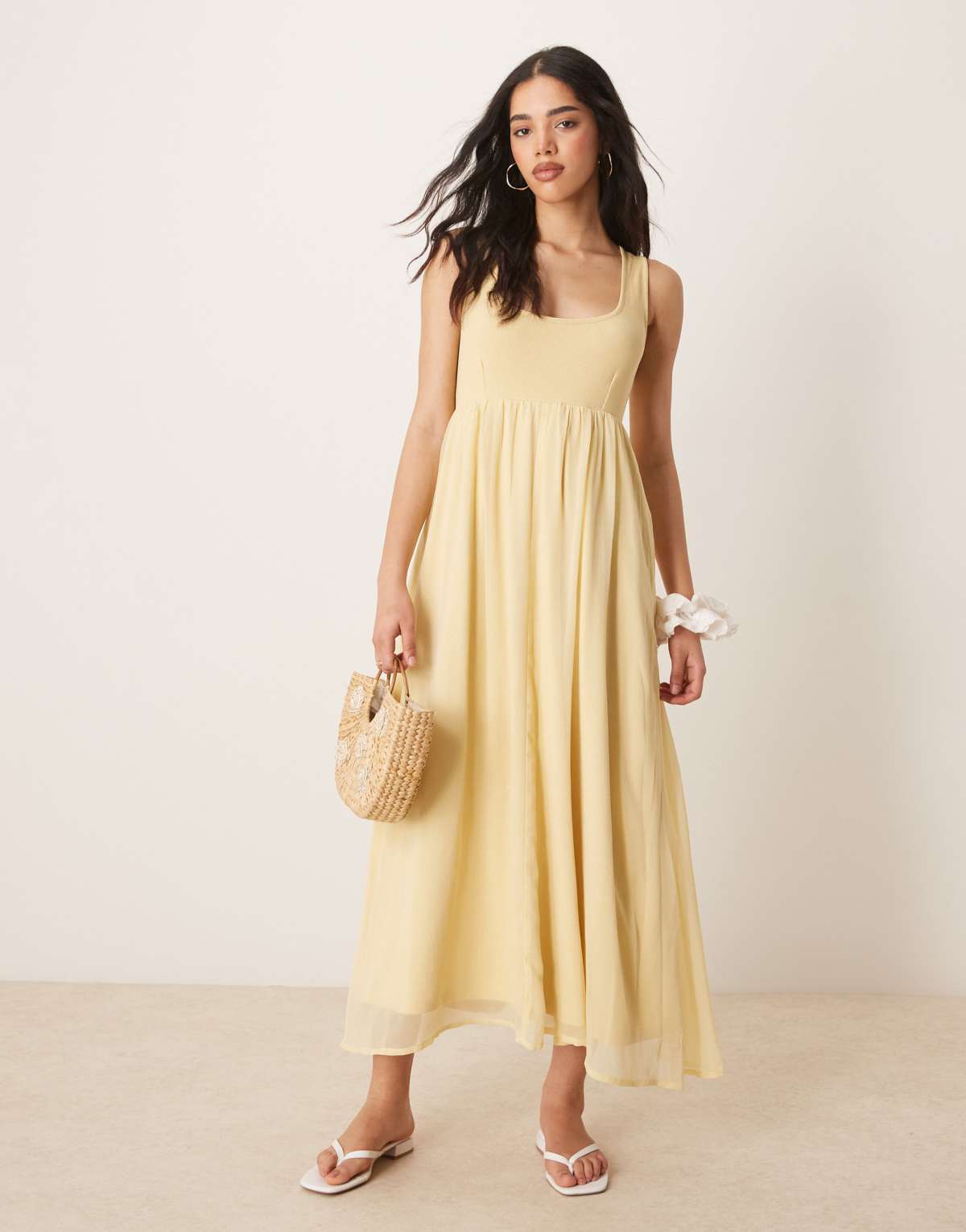 ASOS DESIGN micro rib bust with chiffon skirt midi dress in yellow
