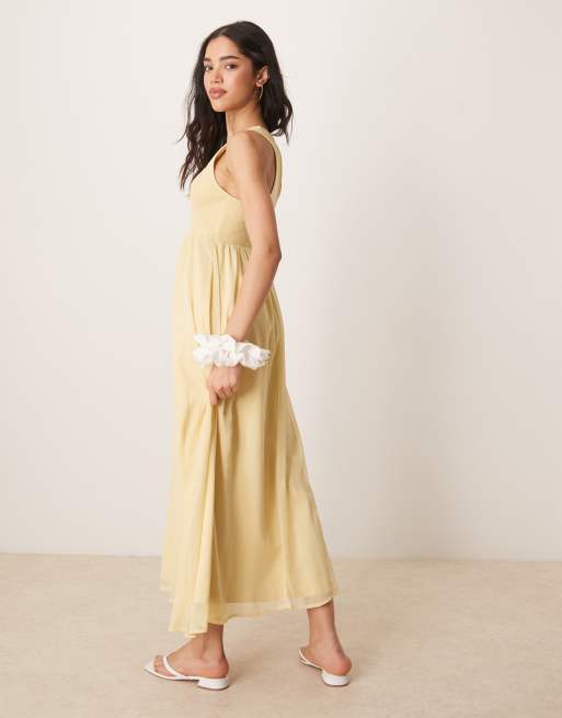 ASOS DESIGN micro rib bust with chiffon skirt midi dress in yellow