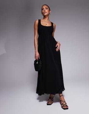micro rib knit bust with chiffon skirt maxi dress in black