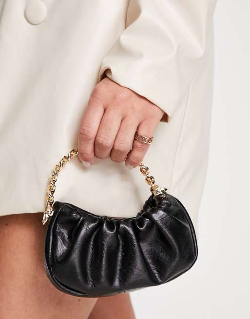 ASOS DESIGN ruched shoulder bag in black with chunky gold chain