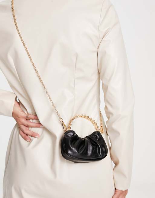 ASOS DESIGN ruched shoulder bag in black with chunky gold chain