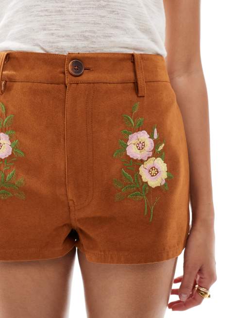 ASOS DESIGN - Micro short van suedette met borduursel in lichtbruin, 2 van 5