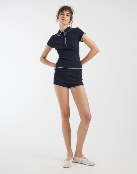ASOS DESIGN micro shorts and scoop neck singlet with blanket stitch detail in navy & white - view 1