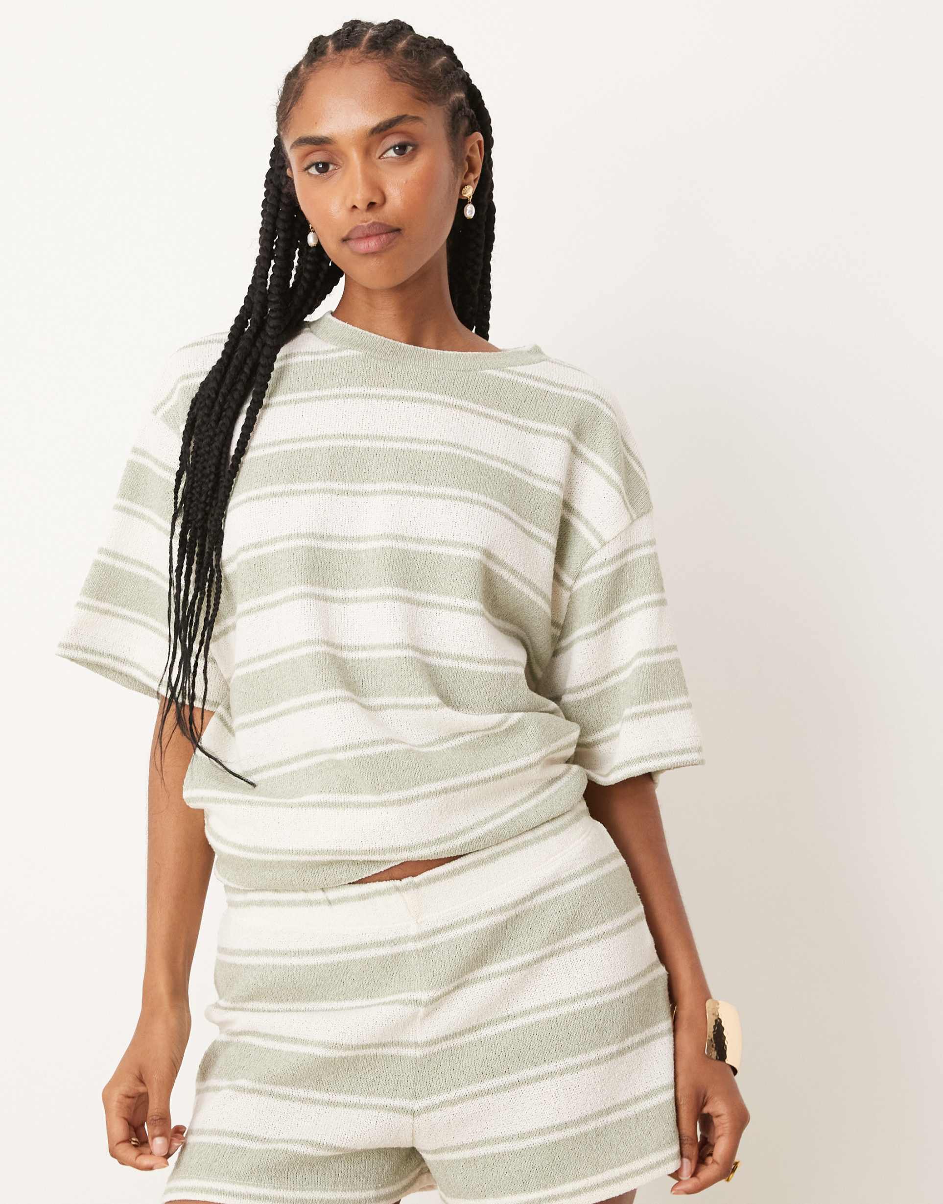 asos design micro shorts in knit sage stripe - part of a set