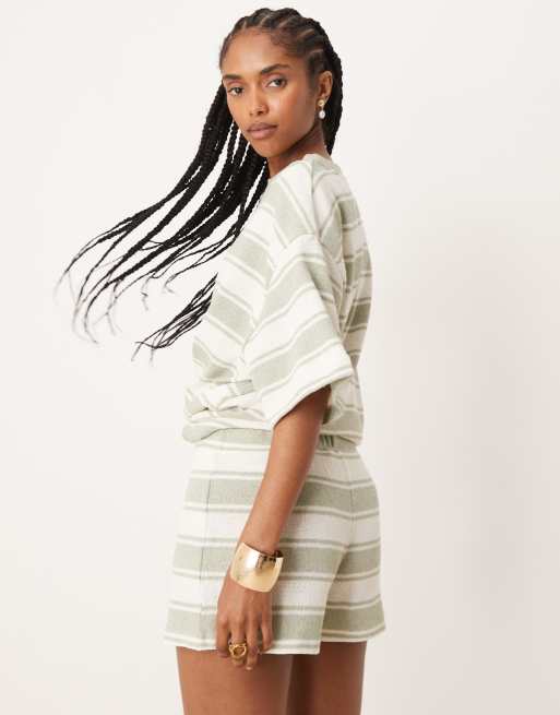 ASOS DESIGN micro shorts in knit sage stripe (part of a set)