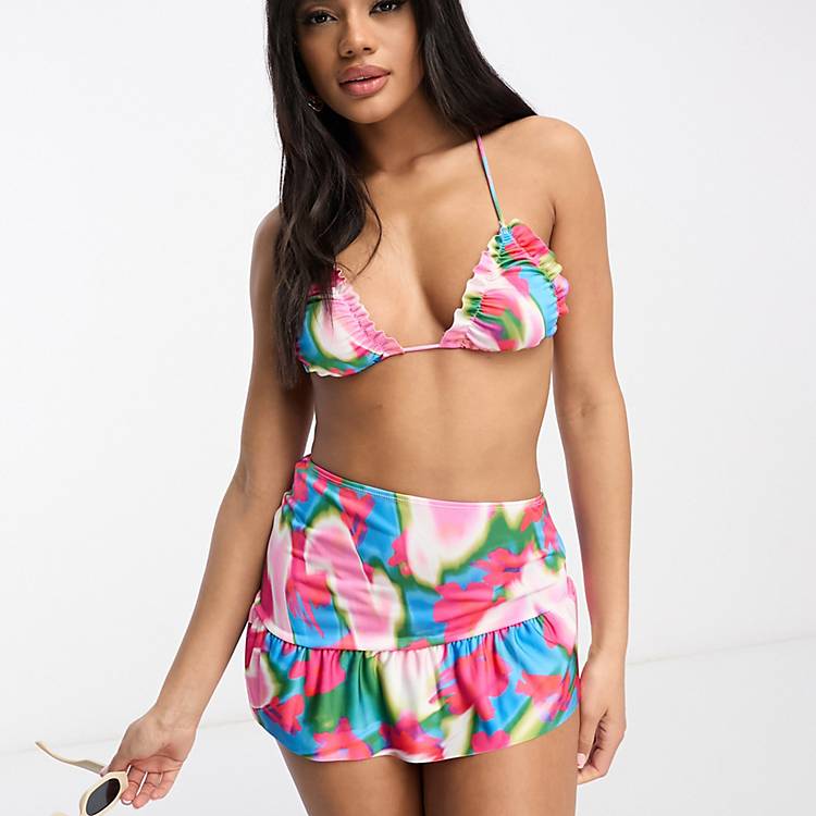 ASOS DESIGN micro swim skirt with frill hem in pink abstract