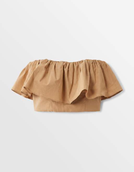 ASOS DESIGN micro top with frill in tan poplin co ord, 5 of 8