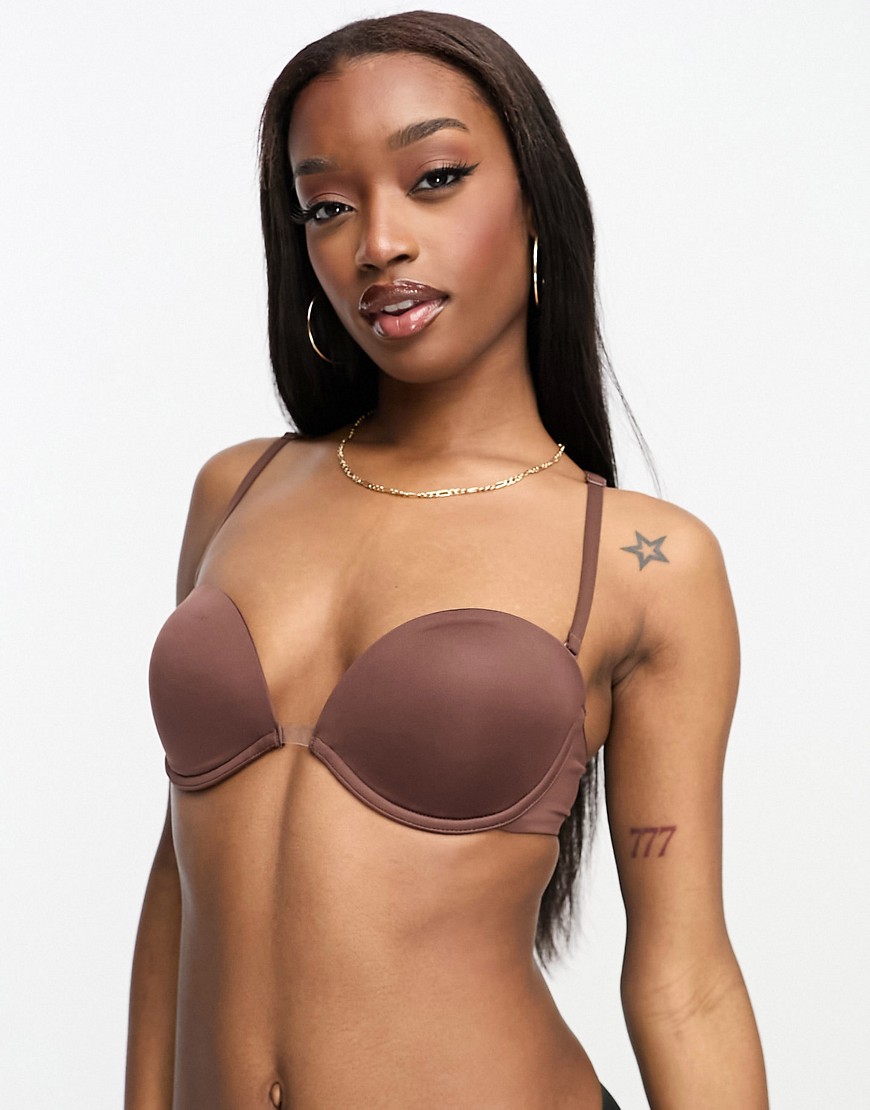 ASOS DESIGN microfibre moulded multiway strapless bra with clear centre in brown