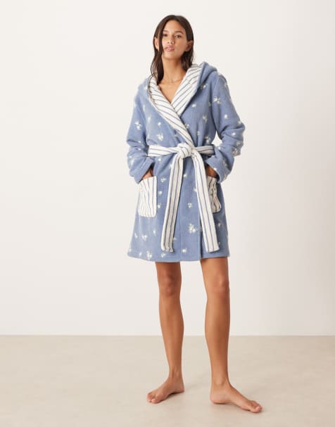 ASOS DESIGN microfleece mini robe in blue ditsy & stripe print - view 1