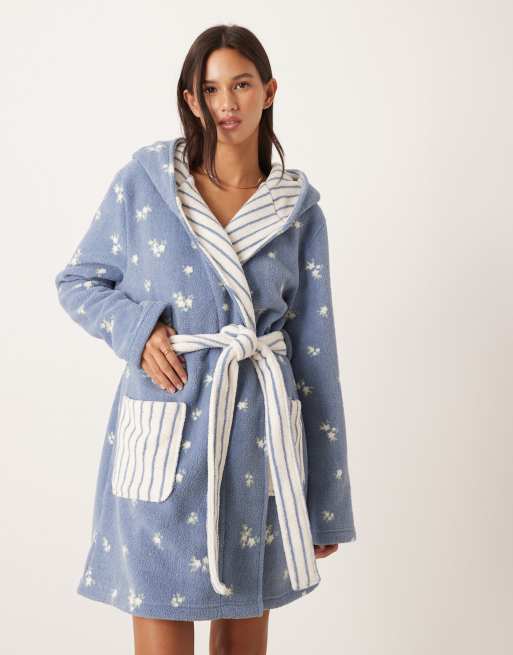 ASOS DESIGN microfleece mini robe in blue floral & striped print