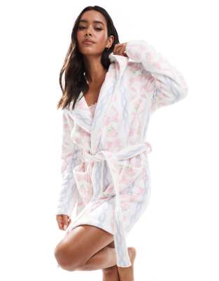 microfleece mini robe in bow print-White