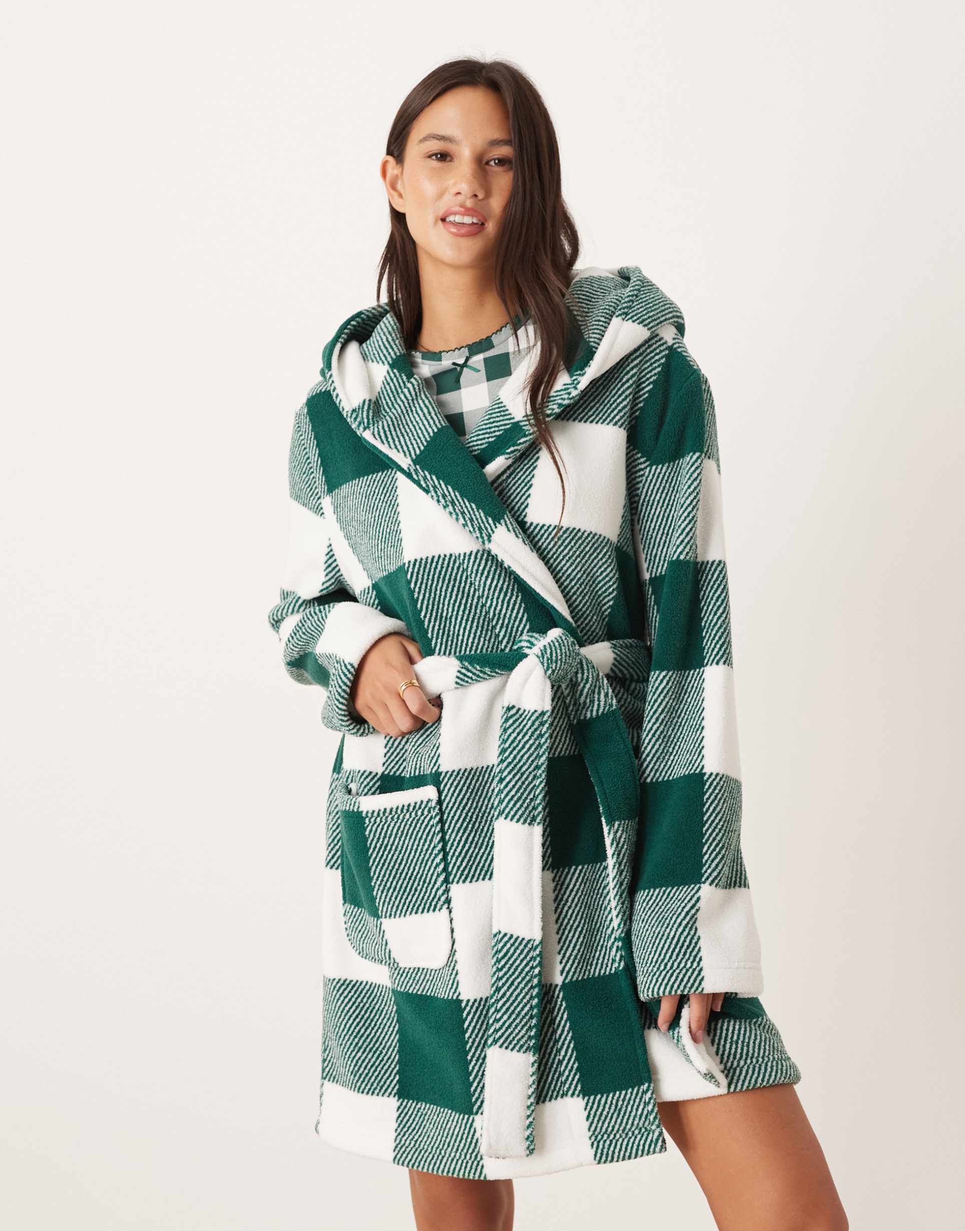 ASOS DESIGN microfleece mini robe in gingham print