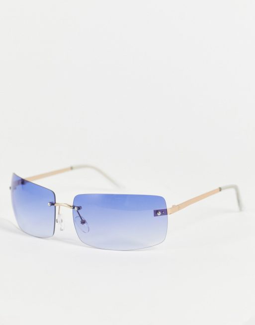 Blue 90's Square Sunglasses Metal Frame With Pink 