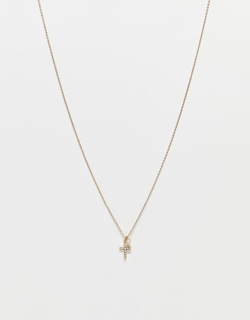 ASOS DESIGN mid length 16'' necklace with cross and crystal pendant design in gold tone