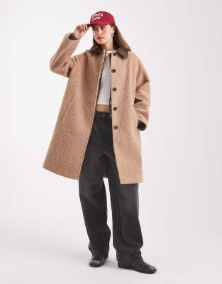 Asos Design Mid Length Brushed Car Coat With Contrast Collar In Neutral
