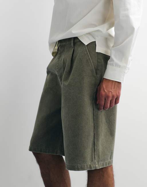 ASOS DESIGN mid length canvas jort with pleat styling in khaki, 5 of 7
