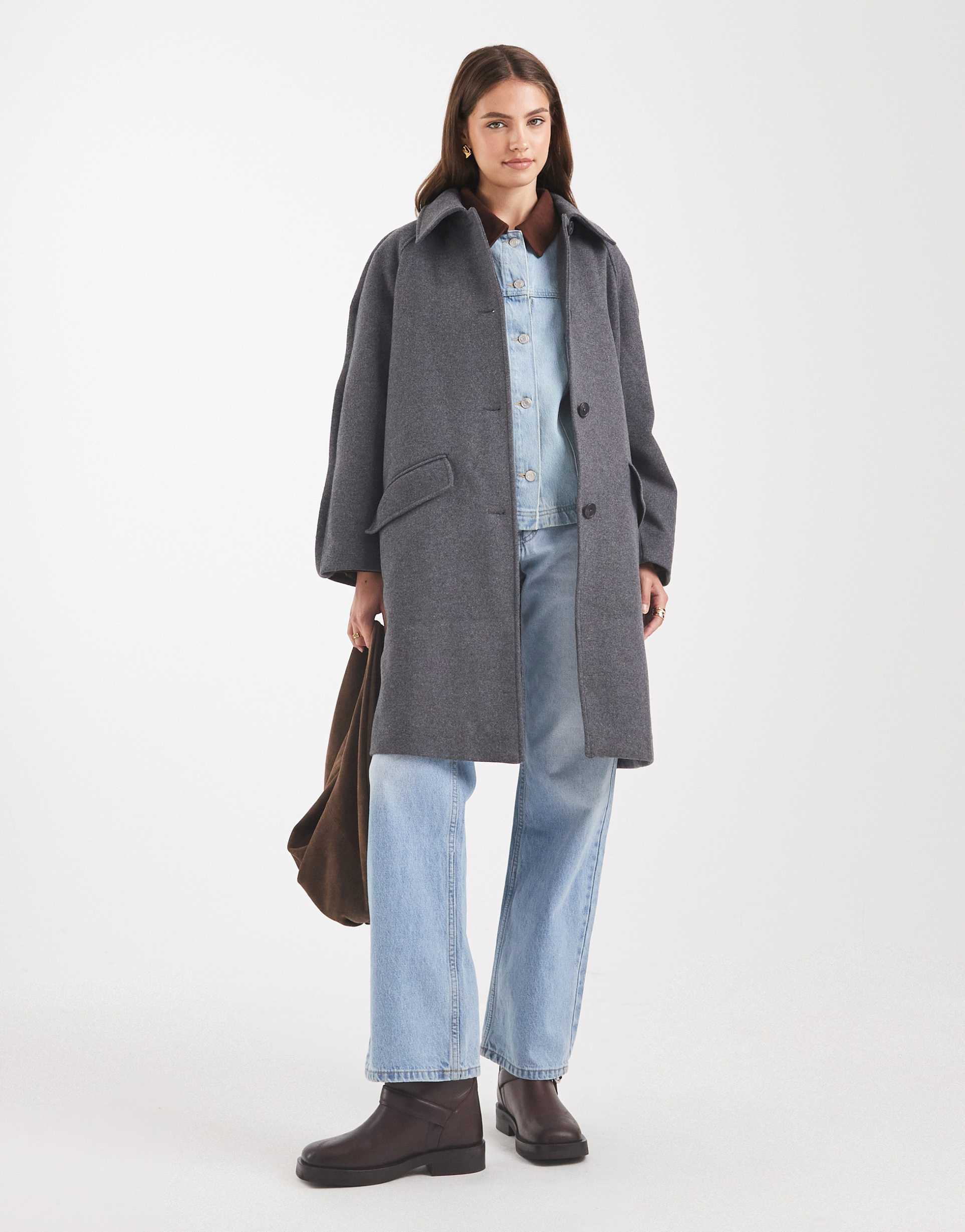 asos design mid length car coat with quilted lining in charcoal melange