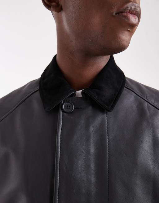 ASOS DESIGN mid length coach jacket in real leather in black, 5 of 5