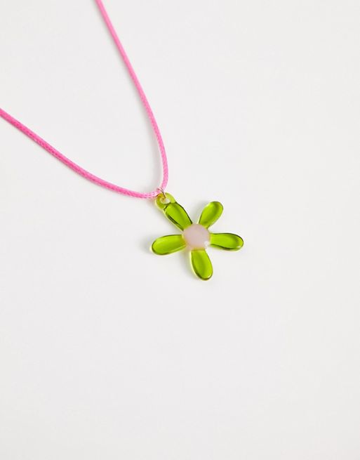 ASOS DESIGN mid length cord necklace with semi precious style flower pendant  in green