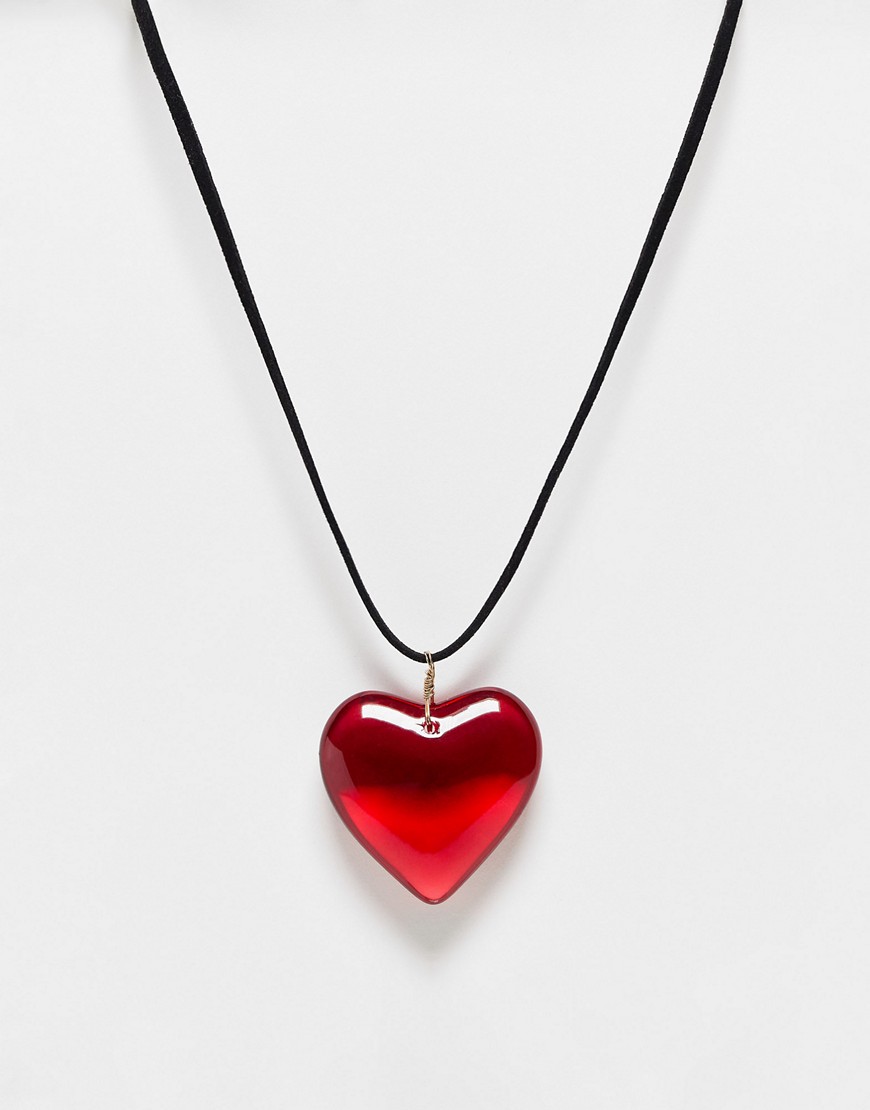 Asos Design Mid Length Cord Necklace With Red Puff Heart-black
