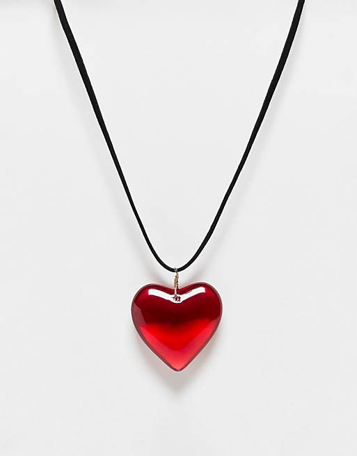 Asos Design Mid Length Cord Necklace With Red Puff Heart | Asos