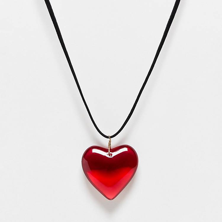 ASOS Design Mid Length Cord Necklace with Red Puff Heart-Black
