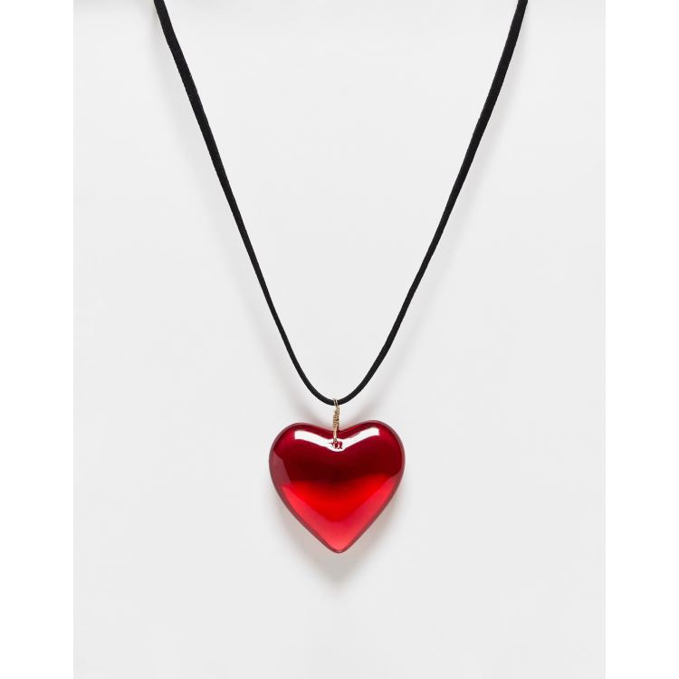 ASOS Design Mid Length Cord Necklace with Red Puff Heart-Black