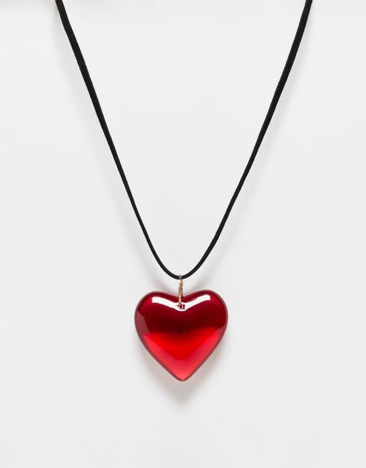 ASOS DESIGN mid length cord necklace with red puff heart